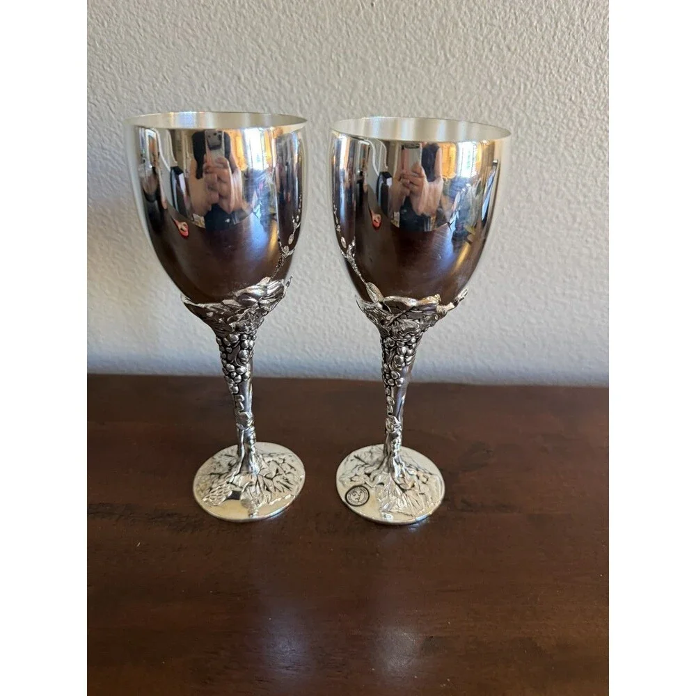 Godinger Silver Tone Wine Goblets Grape Vine Motif On Stems Set Of 2